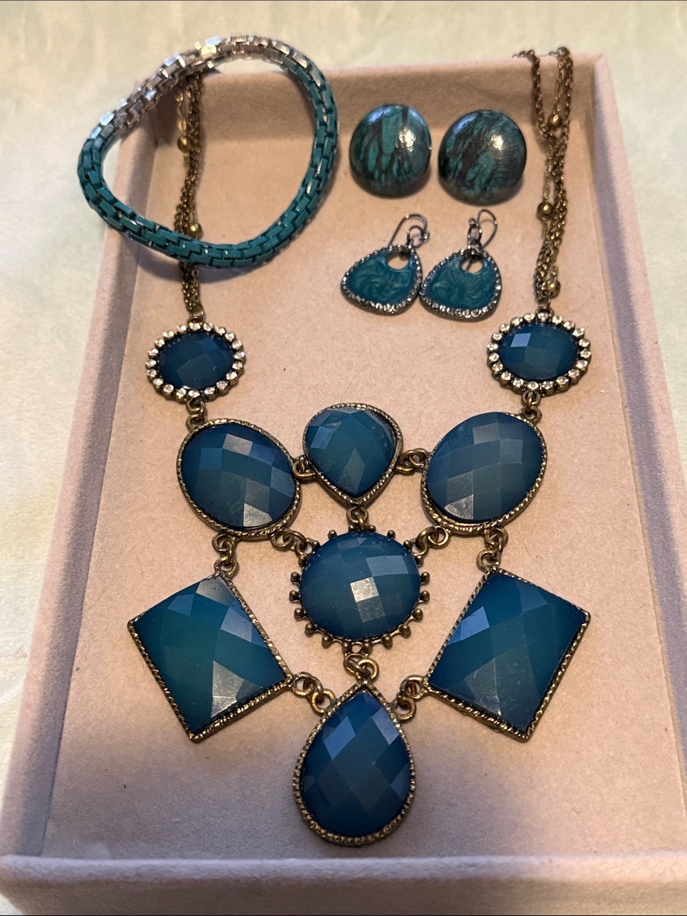 Teal Multi-Stone Statement Necklace with Matching Earrings and Bracelet